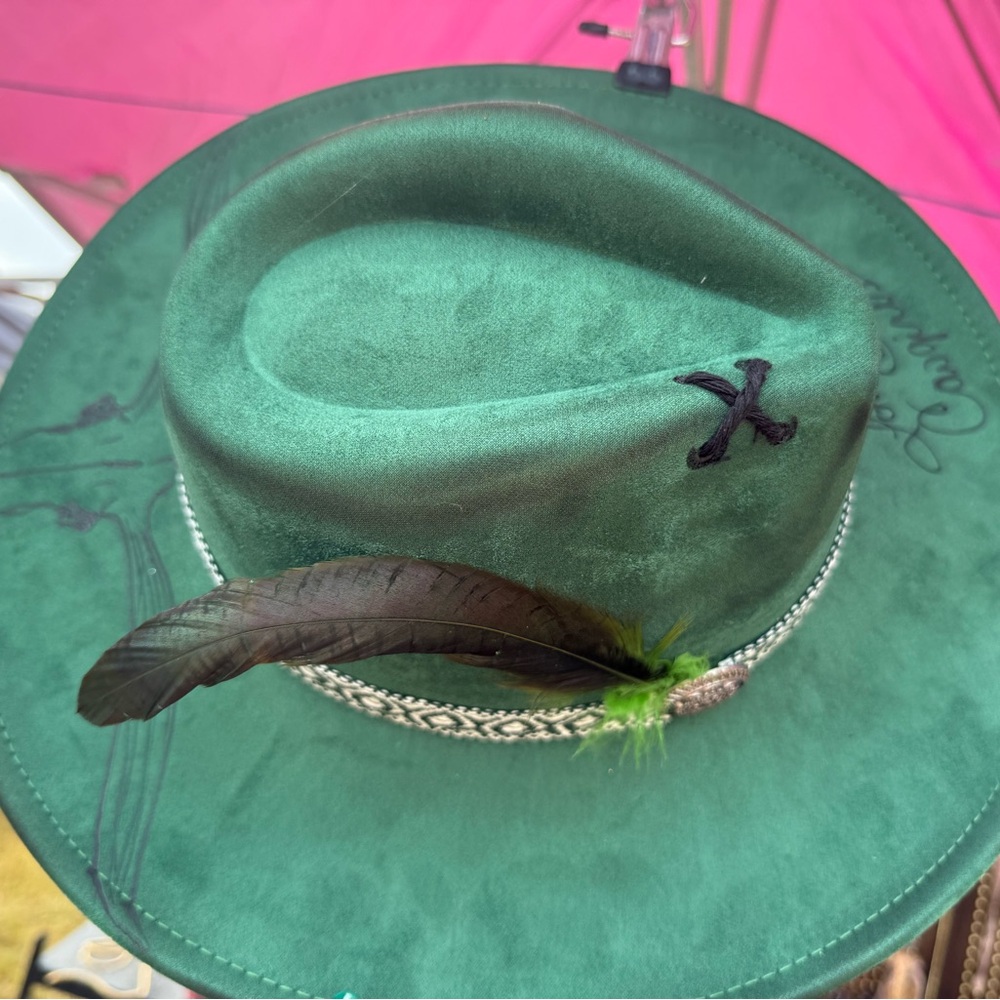 Green Hat with burns longhorn and Feather Accent